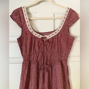 Christy Dawn “Kelly” Red Floral Dress with Lace Trim